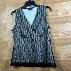 AGB Size Large Surplice Peplum Black Sequin Lace Lined Sleeveless Top
